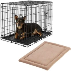 Frisco Heavy Duty Fold & Carry Double Door Collapsible Wire Dog Crate & Frisco Micro Terry Dog Crate Mat