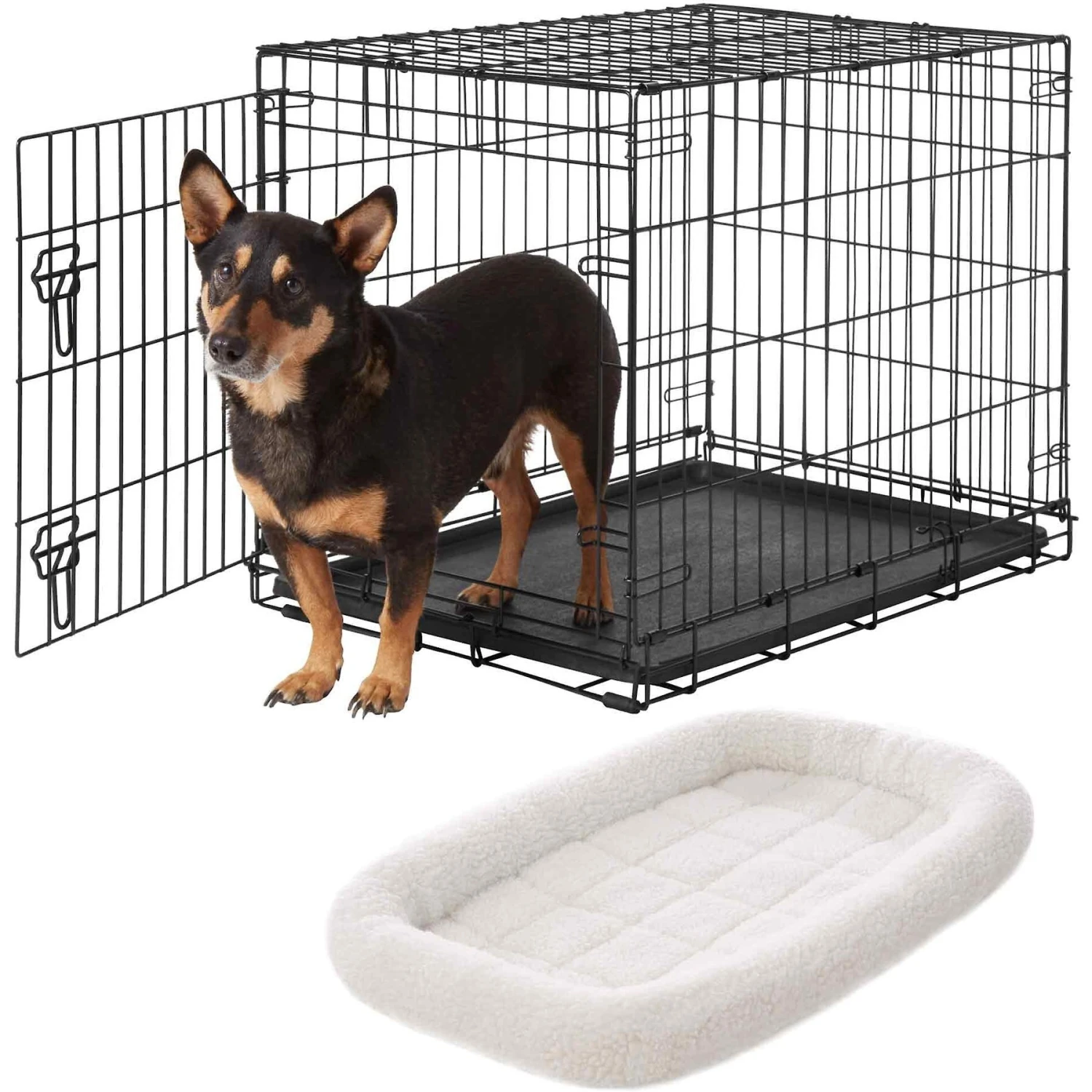 Frisco Heavy Duty Fold & Carry Single Door Collapsible Wire Dog Crate & Frisco Quilted Dog Crate Mat