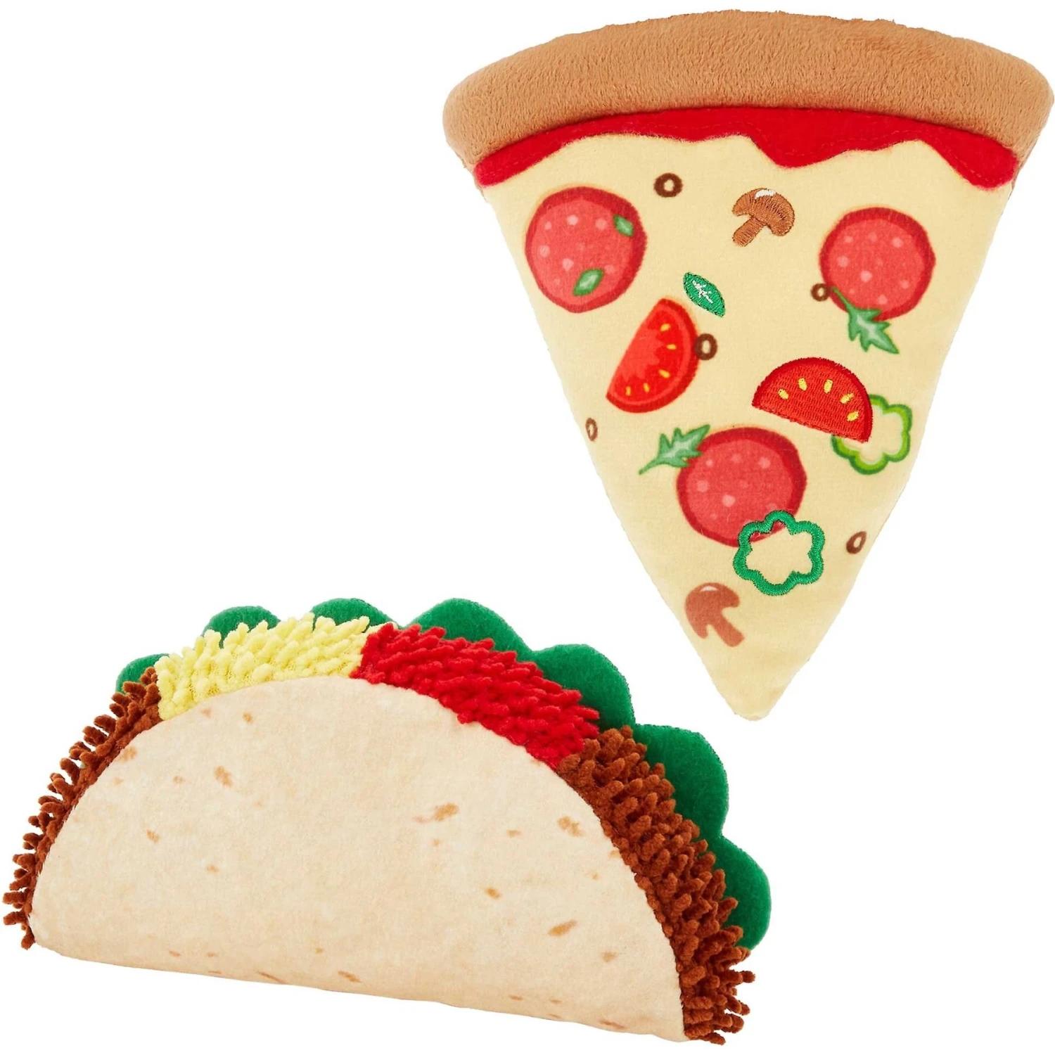Frisco Pizza Slice Plush Squeaky Dog Toy & Frisco Taco Plush Squeaky Dog Toy