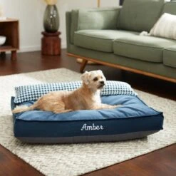 Frisco Personalized Navy Bolstered Bed With Navy Check Bolster