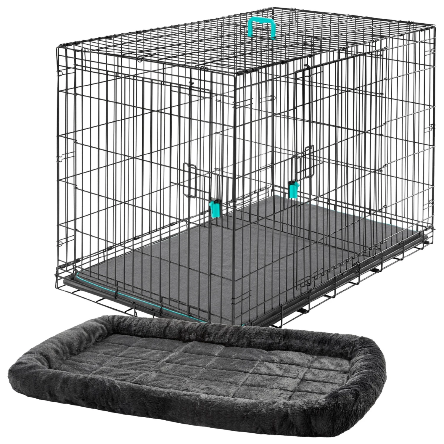 Frisco Heavy Duty Enhanced Lock Double Door Fold & Carry Wire Dog Crate & Mat Kit & MidWest Quiet Time Fleece Dog Crate Mat