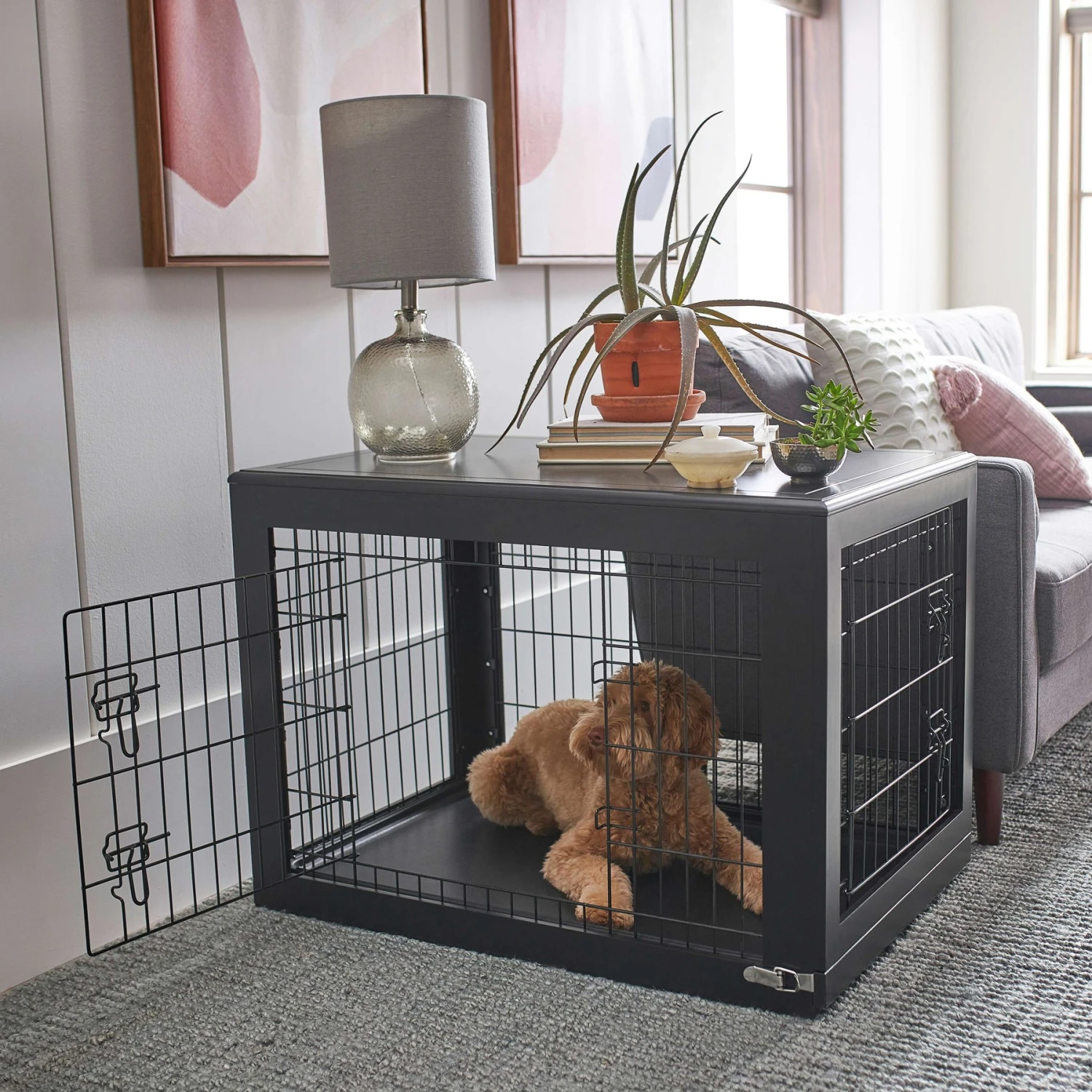Frisco Double Door Furniture Style Dog Crate, Black & Frisco Swirl Dog Crate Mat - Image 5