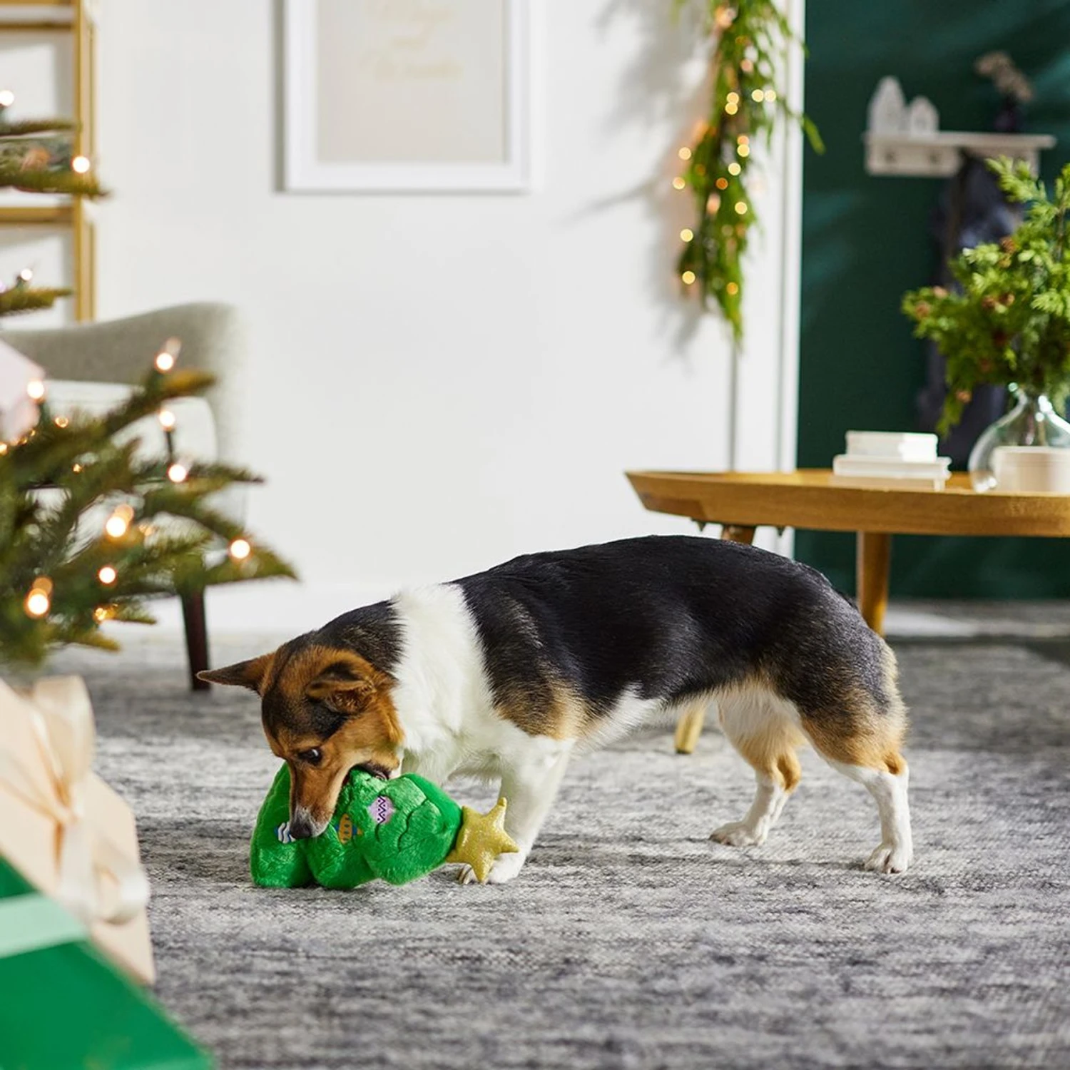 Frisco Holiday Santa's Helpers Plush Squeaky Dog Toy, 3 Count & Frisco Holiday Tree Thin Plush Squeaky Dog Toy - Image 3